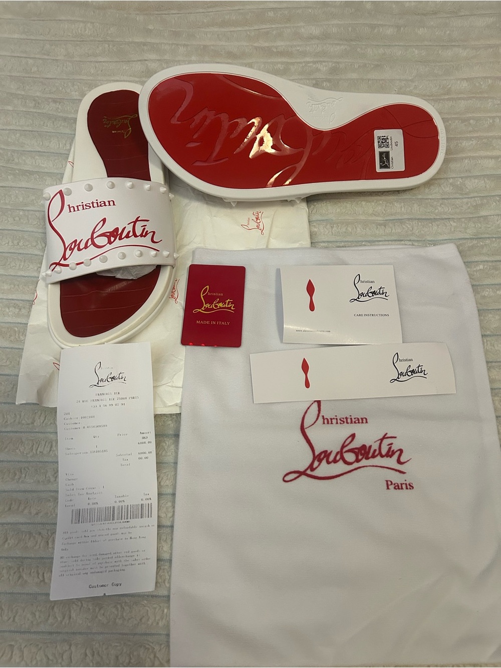 Christian Louboutin White and Red Studded Slide Sandals - Picture 2 of 3